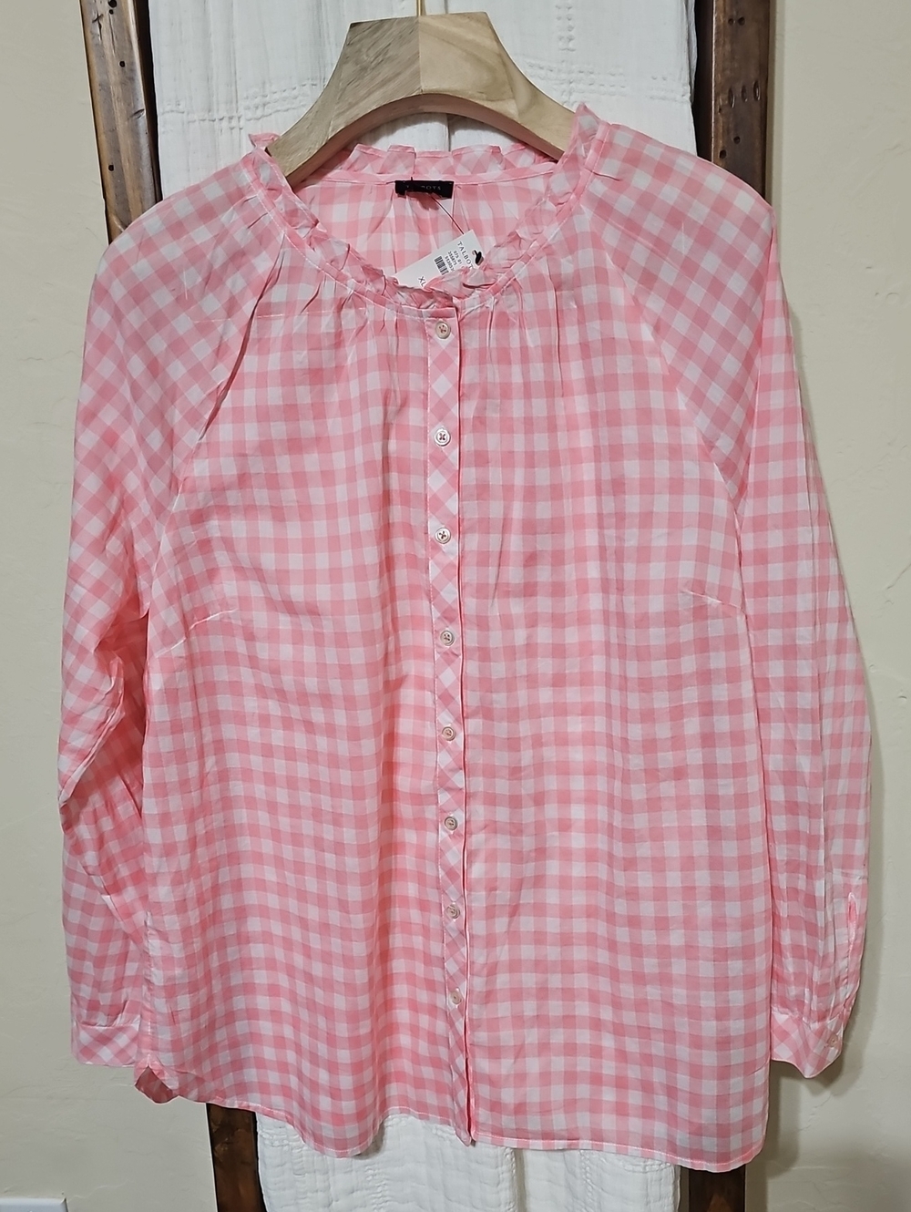 Talbots gingham ruffle-neck long-sleeve blouse.